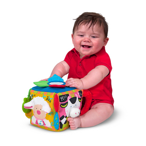 Child playing with musical farmyard cube