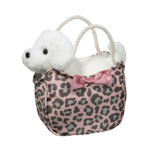 Stuffed White Dog in Leopard Print Sak